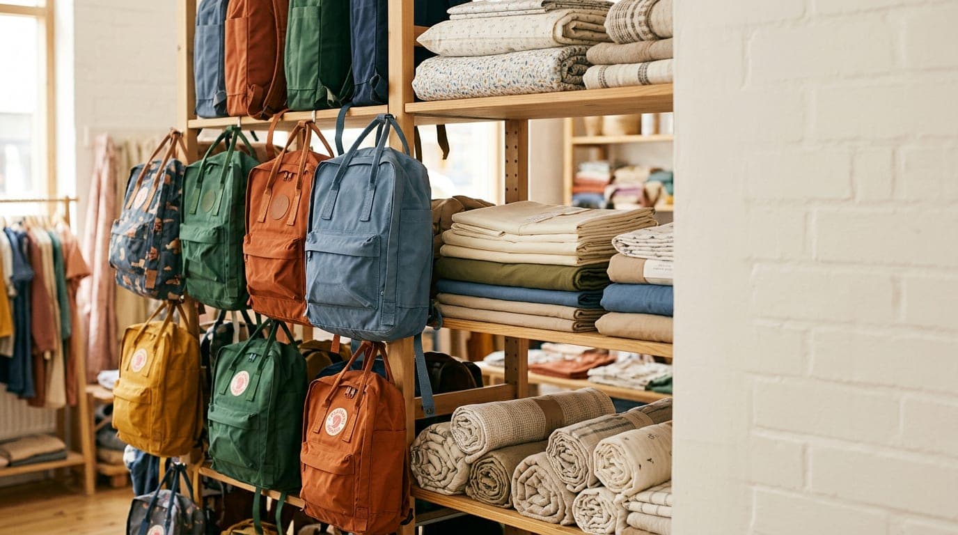 Well-lit display shelf with various school bags and folded sheets and covers arranged neatly